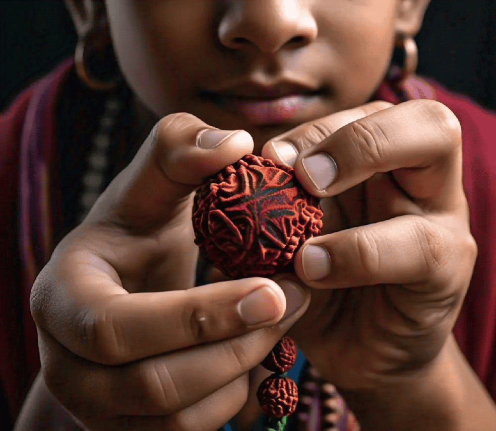 image depicting a peaceful environment for mindfulness practices, with Rudraksha beads as a focal point for meditation and relaxation